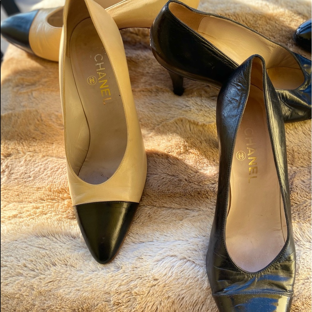 CHANEL calfskin Black with Black tipped heel